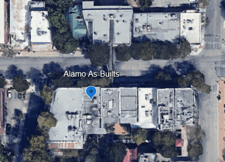 Aerial view of the new Alamo As-Builts office location, marked with a blue map pin